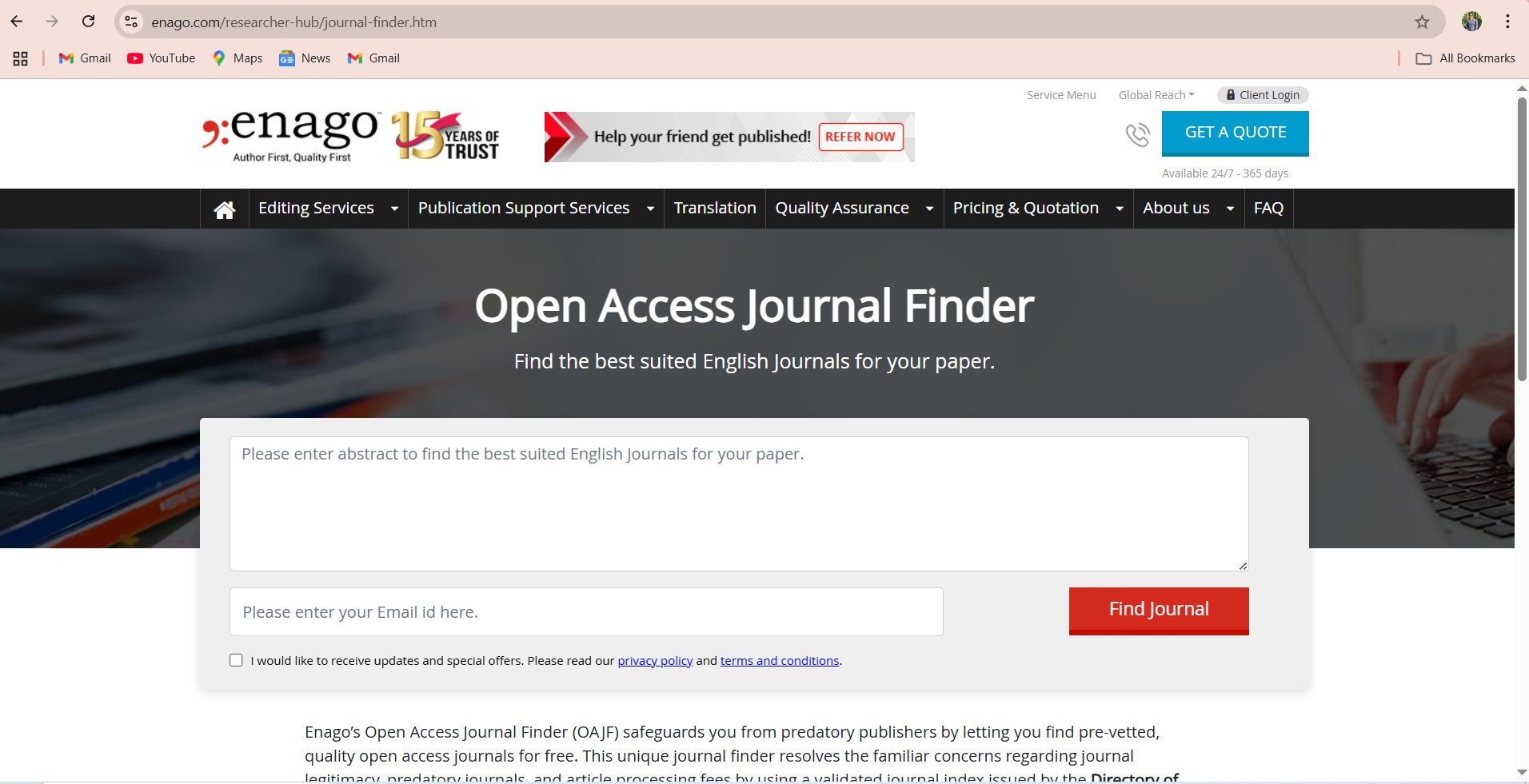 Enago Open access journal Finder-teachjourney