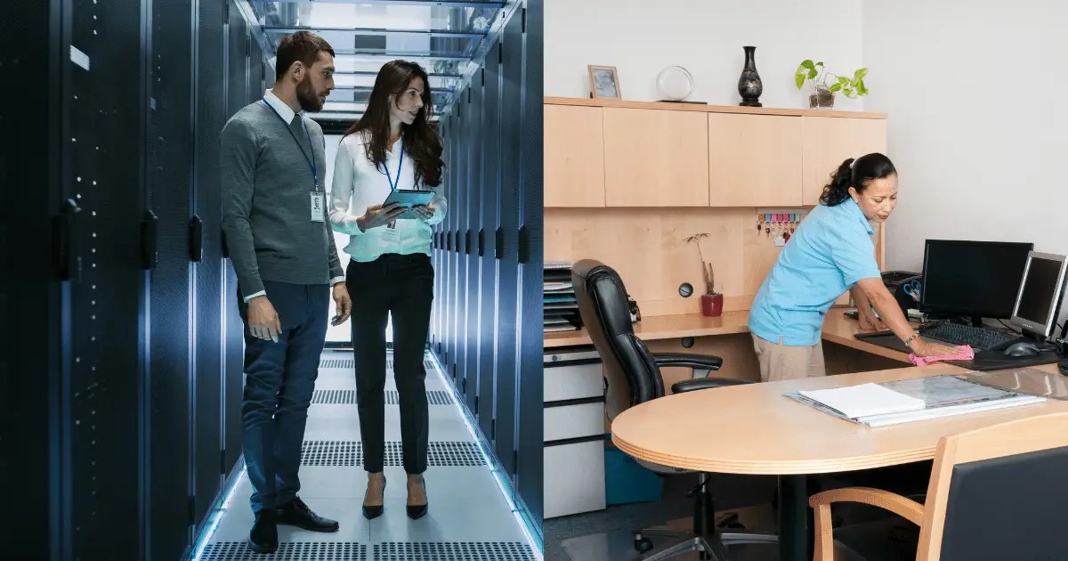 People in data center and cleaning person in an office