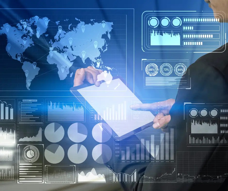 global finance analysis and big data research concept. Futuristic screen showing large statistic information for business and marketing decision making.
