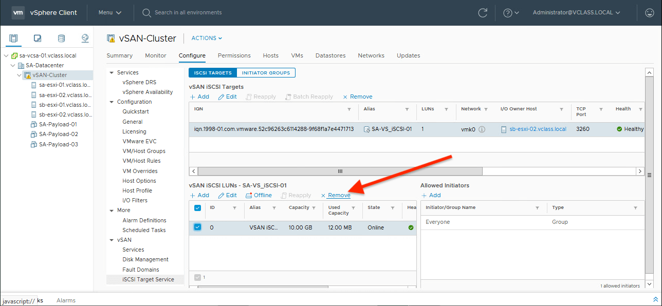 VMware vSAN iSCSI Target Service Remove LUN