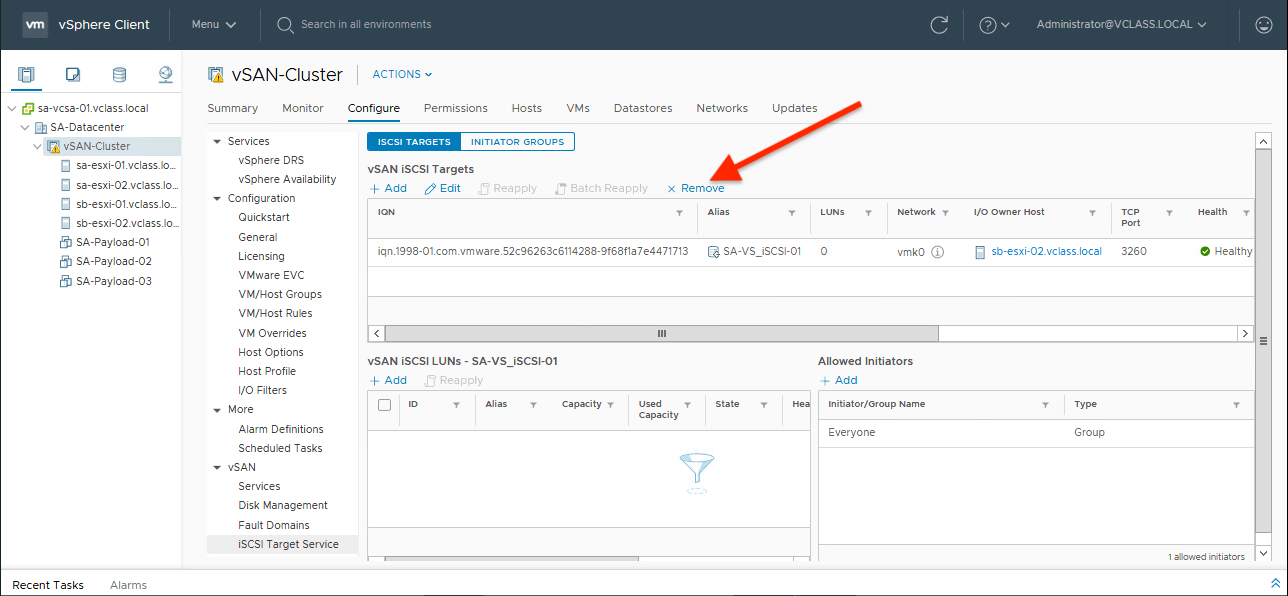 Remove Target VMware vSAN iSCSI Target Service