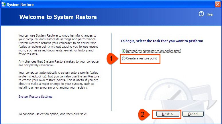 Create restore point in Windows XP