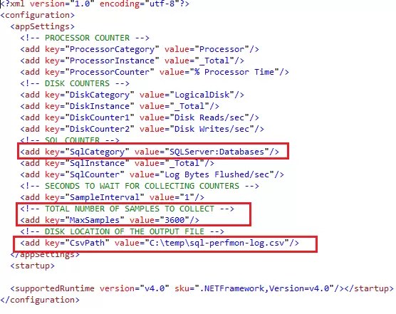 Config fie - SqlDtuPerfmon.exe. Changes may required for highlighted section