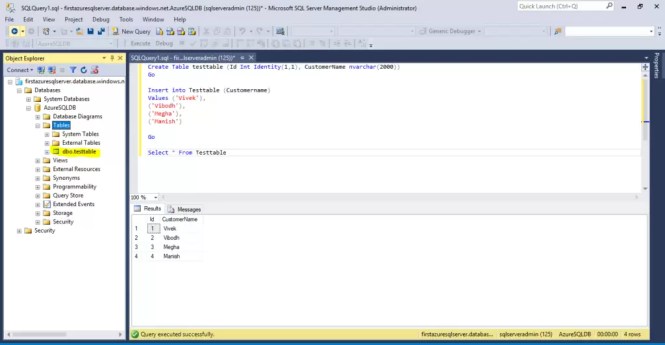 Newly created table visible under the table hierarchy in Azure SQL Database