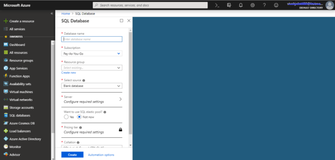 Screen for creating the Azure database.