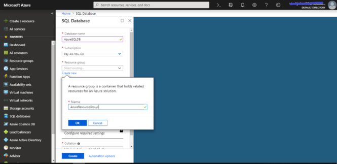 Creating new resource group screen