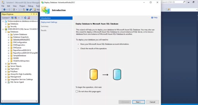 Introduction page for deploy database to Microsoft Azure SQL database