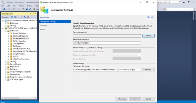 Choose Azure Target Connection, New Database name & backup file location