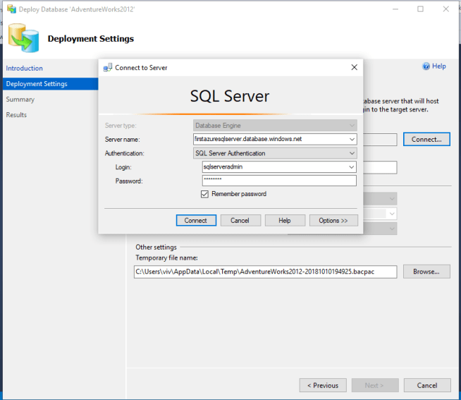 Login into the Azure Target Connection