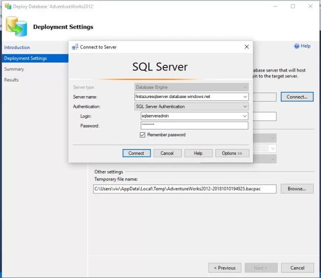 Login into the Azure Target Connection
