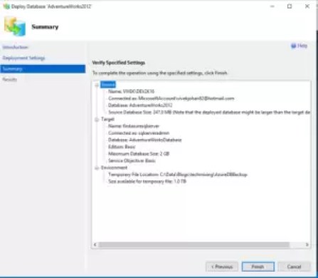 Verify the specified setting and click Finish