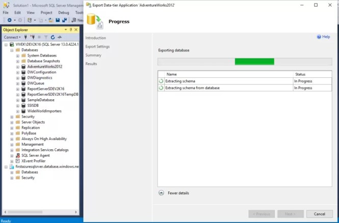 Processing the creation of .bacpac file