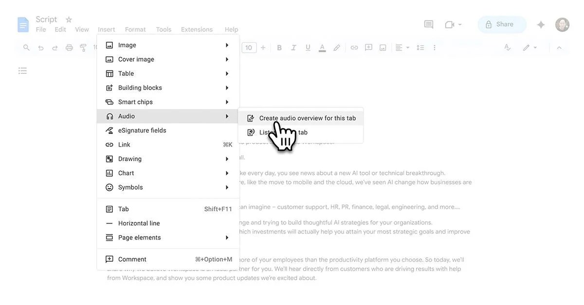 Gemini เพิ่มฟีเจอร์แปลง Google Docs เป็นพอดแคสต์