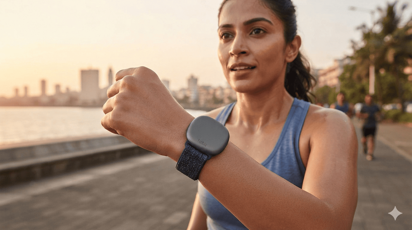 A close-up shot of the screen-less Google Fitbit Air tracking capsule secured in a fabric performance loop band on a person's wrist.