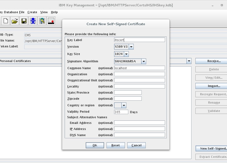 WebSphere Liberty ikeyman create SSL 