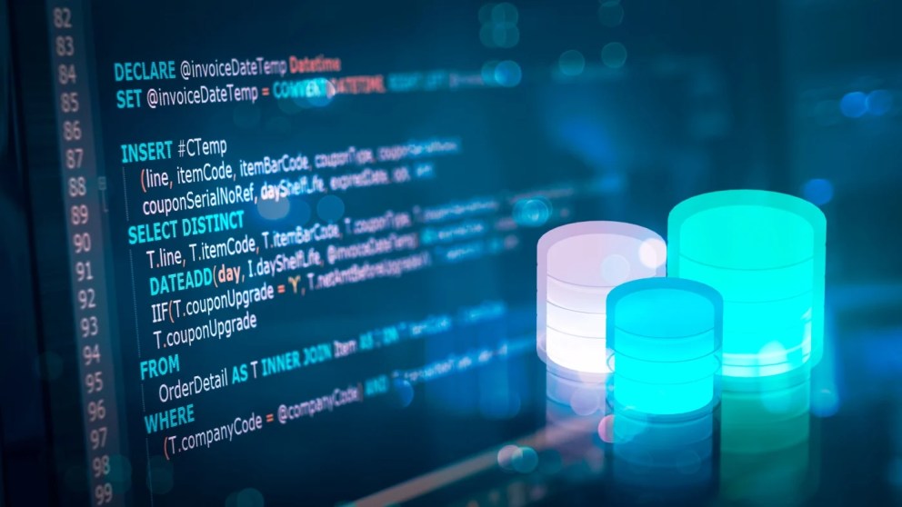 SQL (Structured Query Language) code on computer monitor with Database and server room background. Example of SQL code to query data from a database.