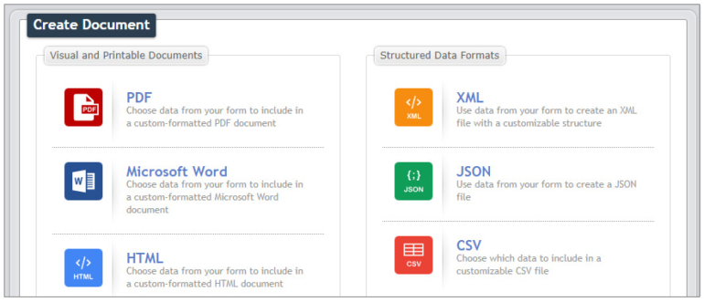 ProntoForms document creation options.