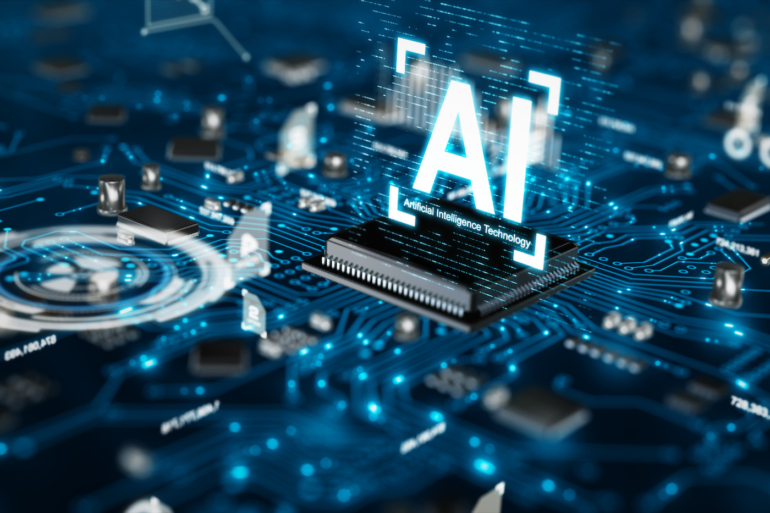 A circuit board with the word AI hovering above.