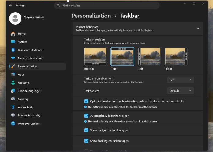 Captura de tela da configuração 'Ocultar automaticamente a barra de tarefas' no Windows 11