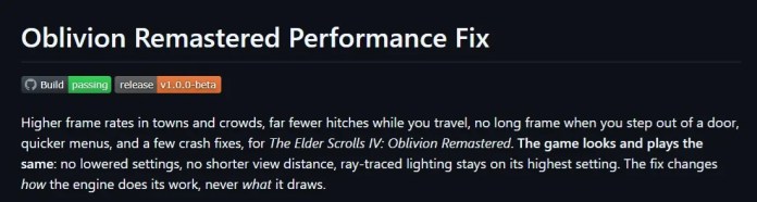 Screenshot do título 'Oblivion Remastered Performance Fix' com badges de build e versão beta, e texto sobre melhorias de desempenho sem alterar visuais.