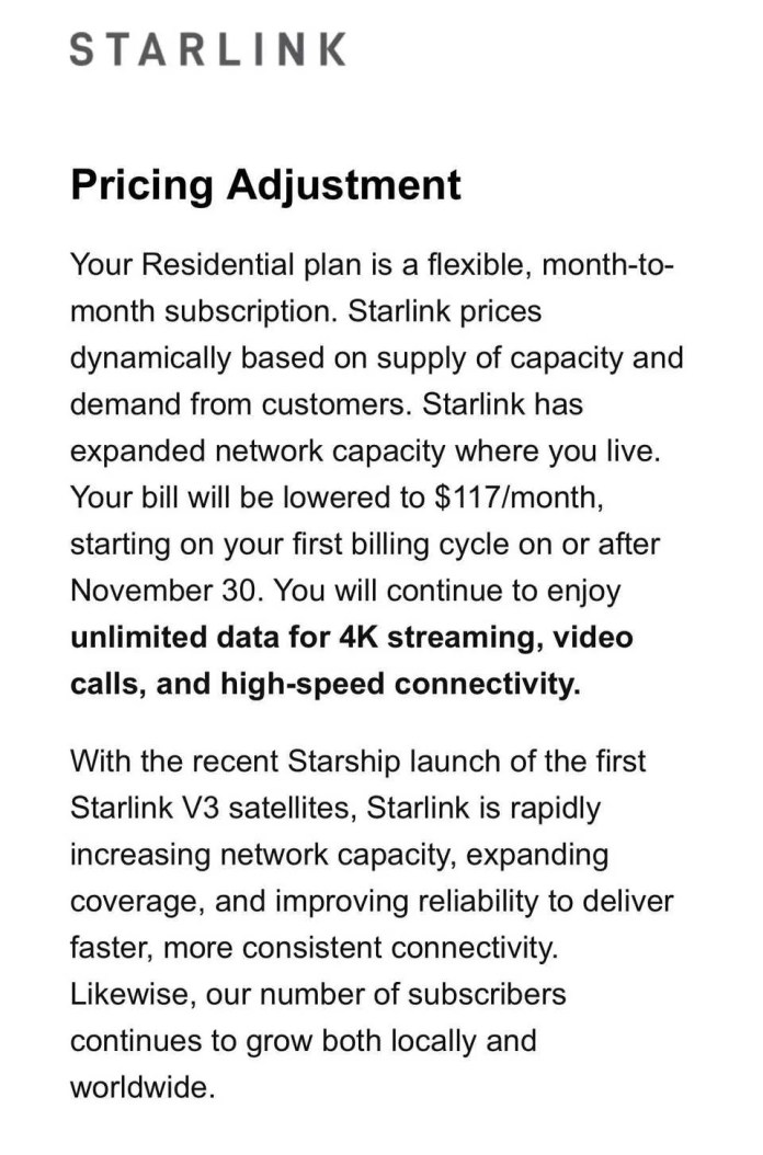 Screenshot of email with Starlink internet price decrease text.