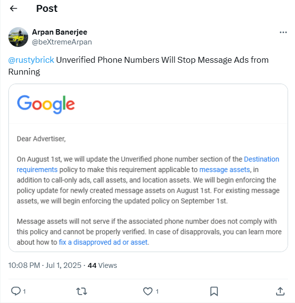 Phone number verification for message assets