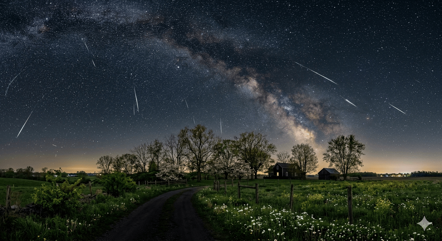Dozens Of Lyrid Meteor Streaks Crossing The Milky Way Over A Rural US 