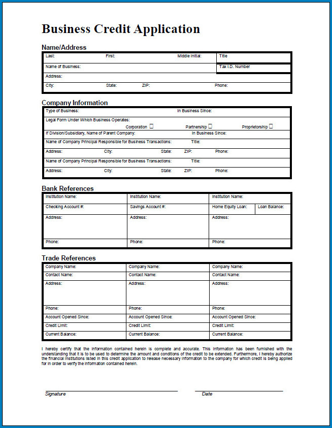 Free Printable Business Credit Application Form Template Templateral