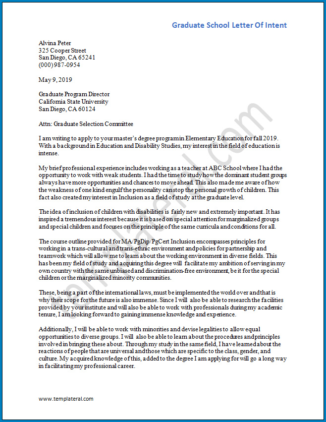 Free Printable Graduate School Letter Of Intent Template Templateral
