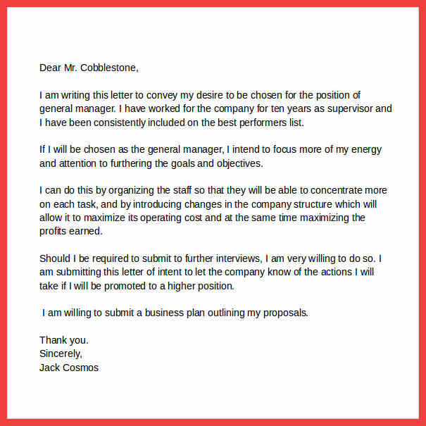 Free Printable Letter Of Intent For Promotion Templateral