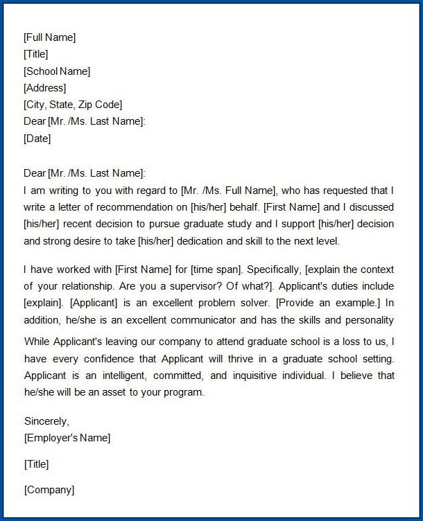 Free Printable Letter Of Recommendation For Graduate School Templateral