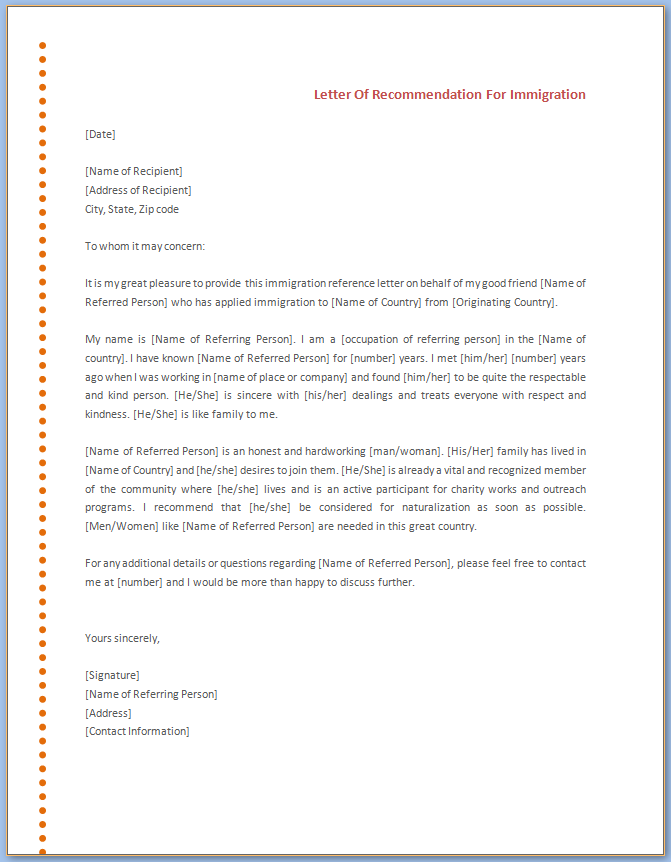 Free Printable Letter Of Recommendation For Immigration Templateral