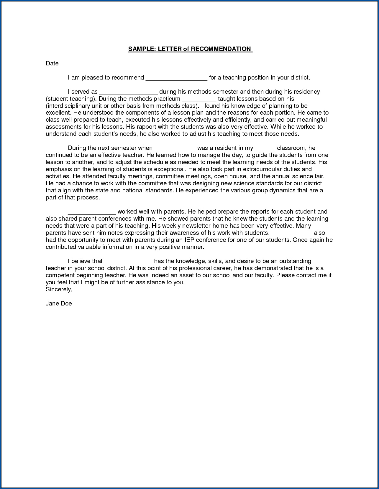 Free Printable Letter Of Recommendation For Student From Teacher Templateral