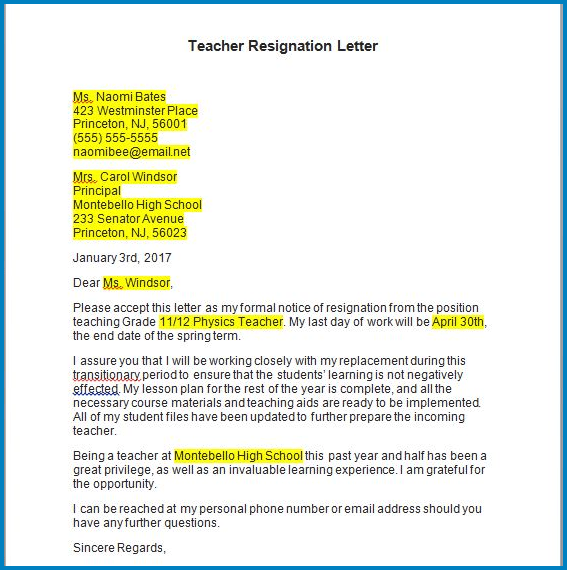 Teacher Resignation Letter Template Templateral