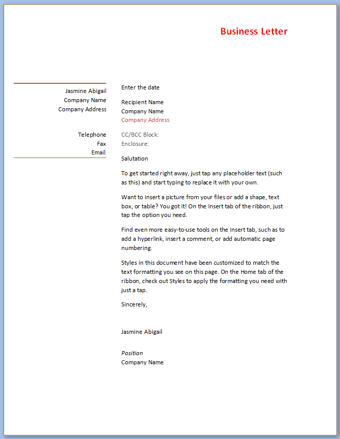 Free Printable Word Business Letter Template Templateral