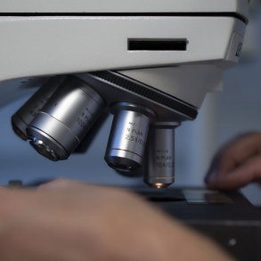 Close up of microscope objective lenses