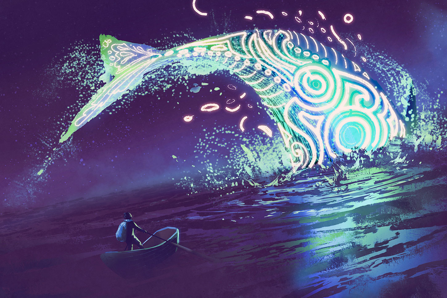 Painting of neon whale with man in rowboat