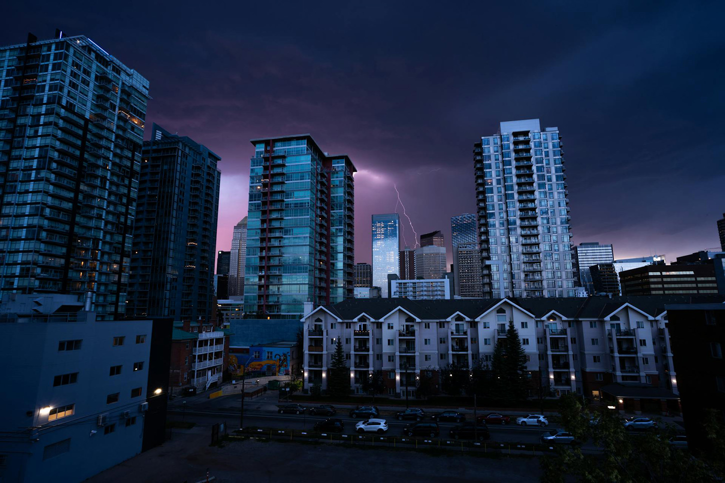 Calgary at night with lightning strike and storm
