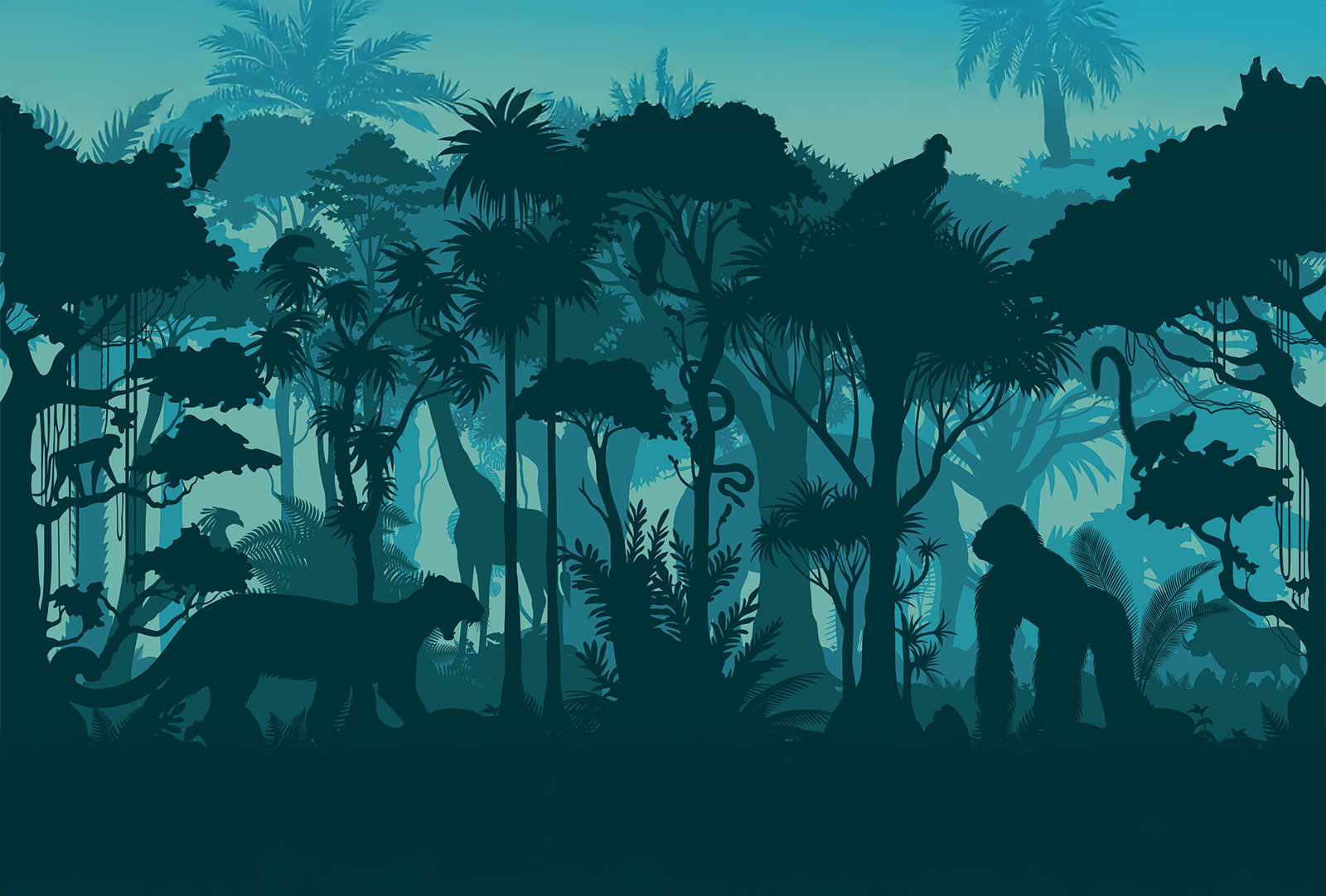 Silhouettes of animals and plants in jungle