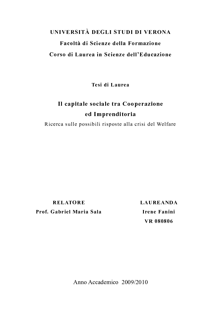Il Capitale Sociale Tra Cooperazione Ed Imprenditoria. Ricerca Sulle Possibili Risposte Alla Crisi Del Welfare - Preview - Tesionline 1100_x_771_png