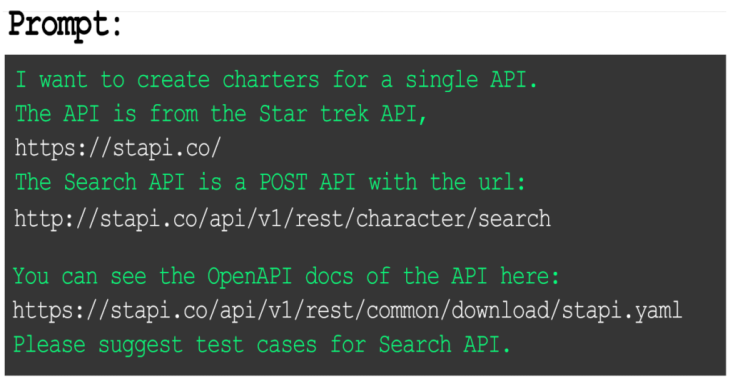Prompt asking Claude AI to suggest API testing cases for the Star Trek API character search endpoint, with a link to the OpenAPI YAML schema.