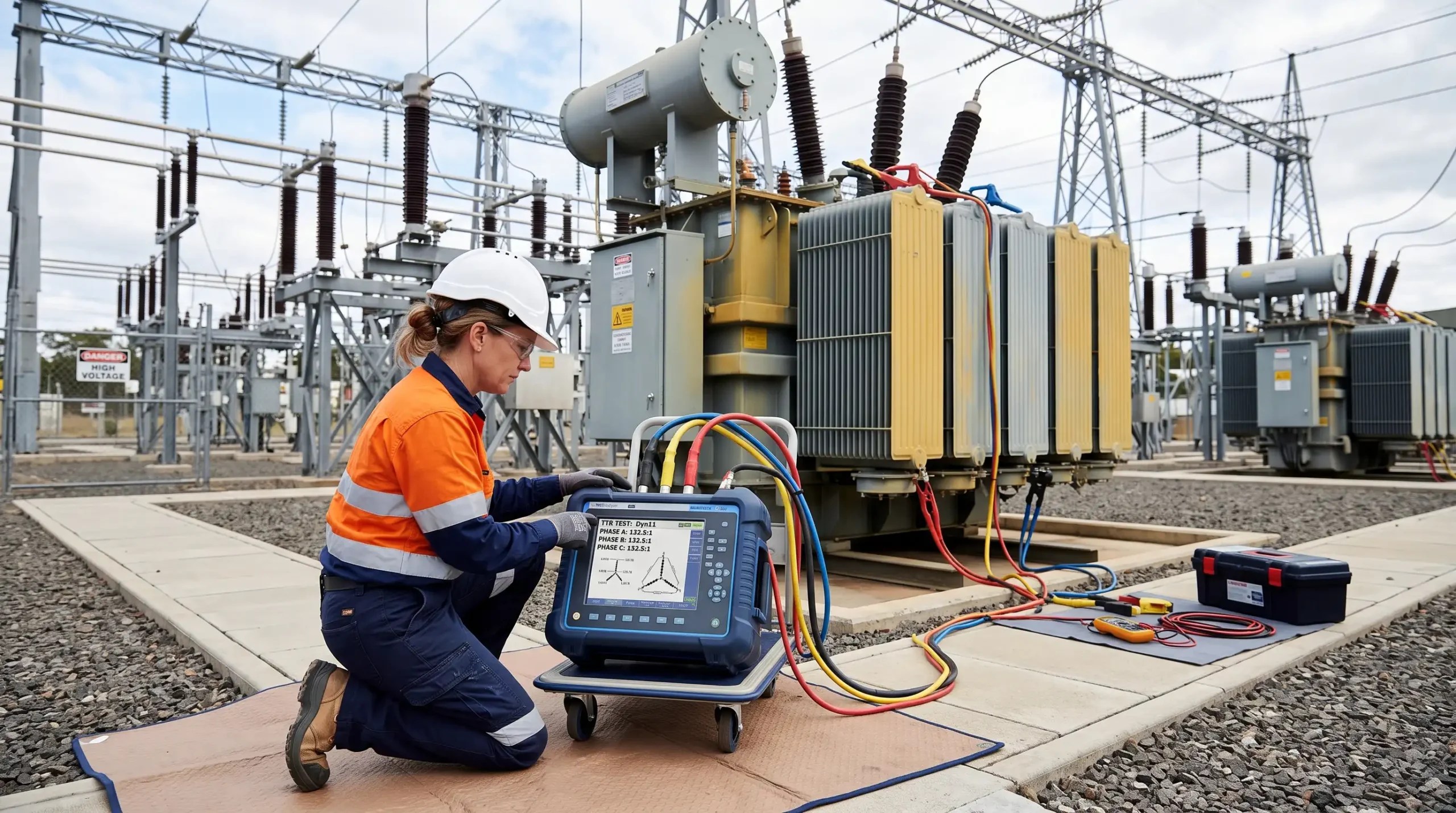 Güç transformatöründe TTR test cihazı ile trafo dönüşüm oranı ölçümü yapan mühendis