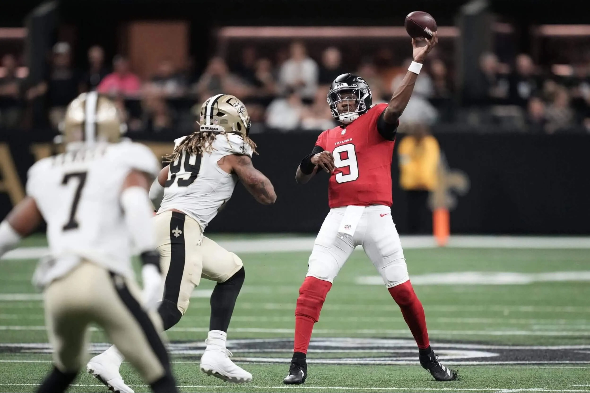 Michael Penix Jr. attempting a throw vs. the Saints