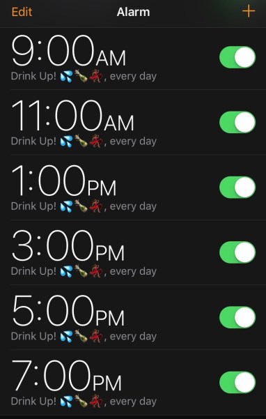 Tips for remembering to drink enough water - set alarms on your phone to remind you to sip throughout the day