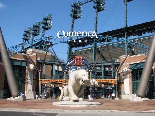 An enormous tiger statue helps to make the main gates at Comerica Park among the most recognizable in the big leagues.
