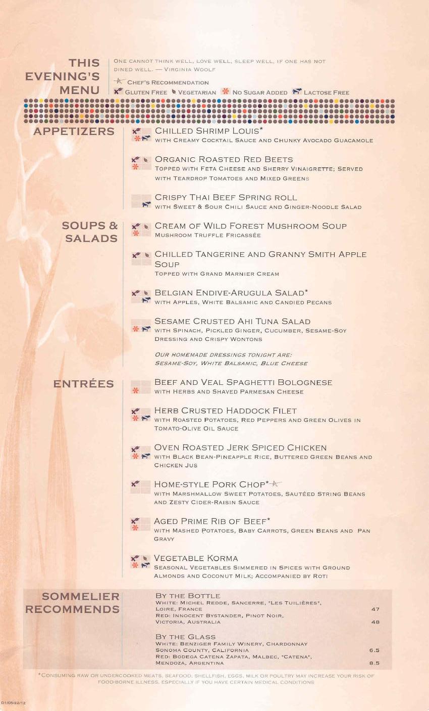 Celebrity Constellation Menus