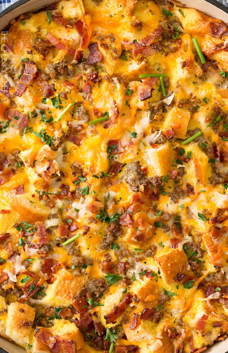 Overnight Breakfast Strata | This breakfast strata dish is made the night before, refrigerated overnight, then baked to bubbly, cheesy perfection! | http://thechunkychef.com
