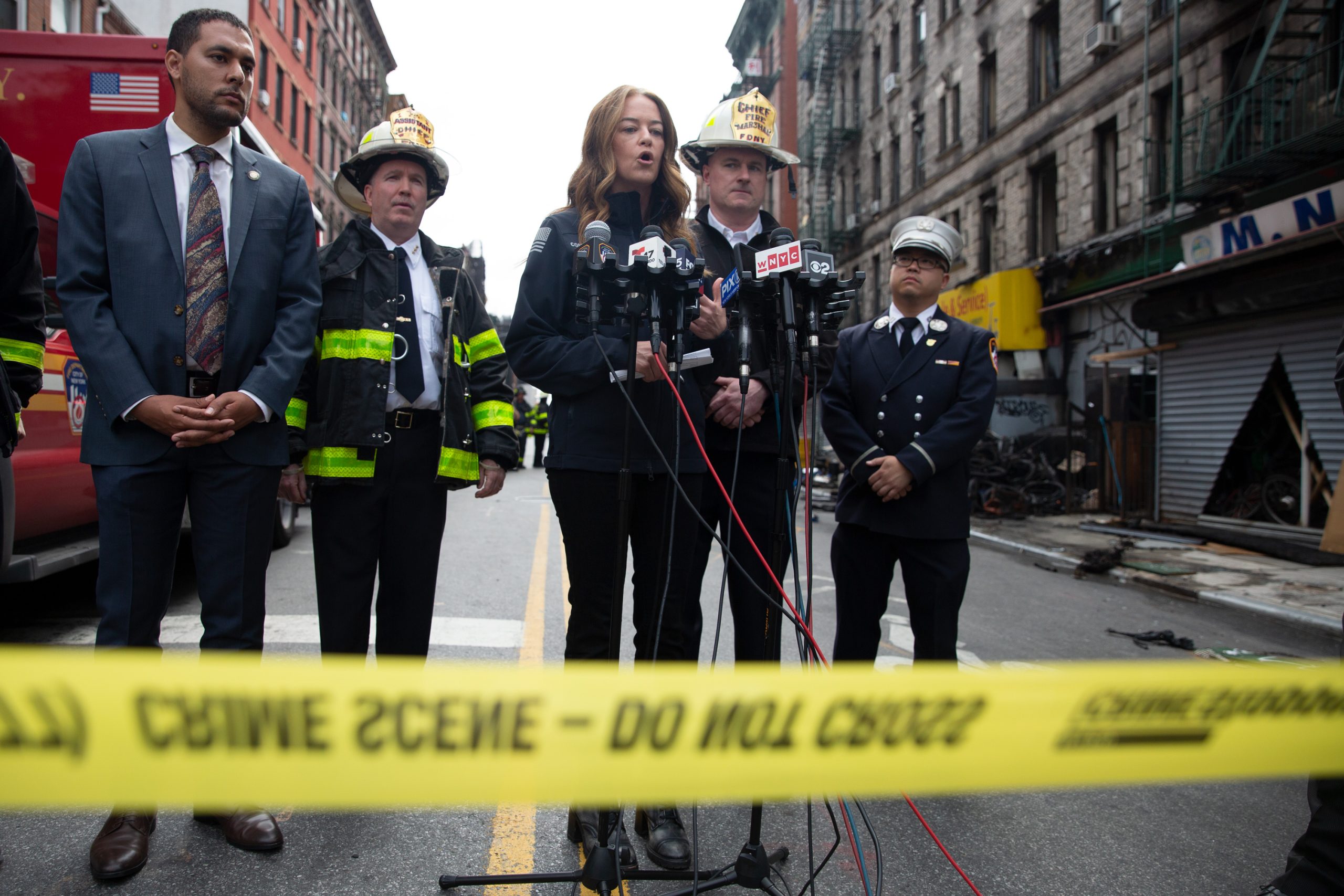 FDNY Commissioner Laura Kavanagh spoke at the scene of a deadly e-bike repair shop fire on Madison Street in Chinatown.