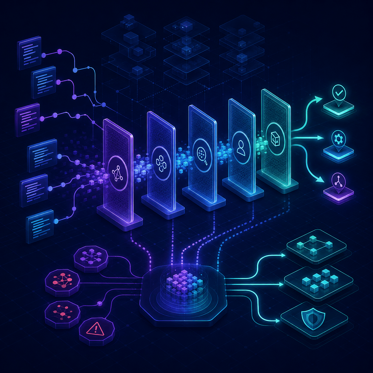 Code changes moving through analysis, dependency, secret, and human review gates toward a controlled release decision.