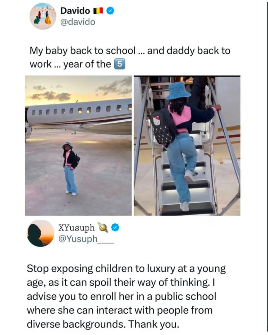 Stop exposing children to luxury at a young age, it can spoil their way of thinking - X user shares unsolicited advice to Davido after he posted a video of his daughter boarding his Private Jet